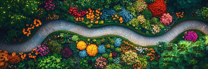 A Serpentine Path Through Vibrant Blooms: An aerial view of a winding pathway meandering through a vibrant and colorful garden, a tapestry of vibrant hues and textures.