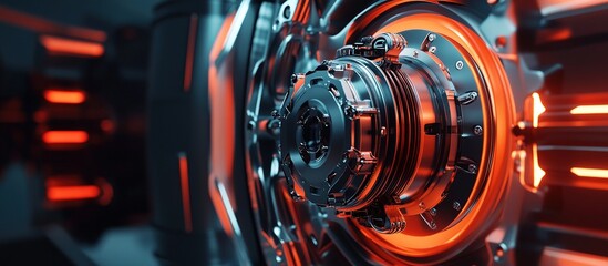 Fototapeta premium Detailed view of futuristic metal mechanism with orange glow.