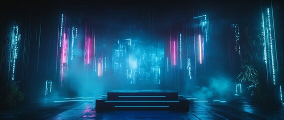 3D render of an empty presentation stage with neon lights and product display podium in a modern environment