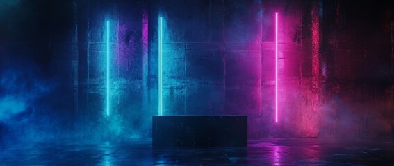 3D render of an empty presentation stage with neon lights and product display podium in a modern environment