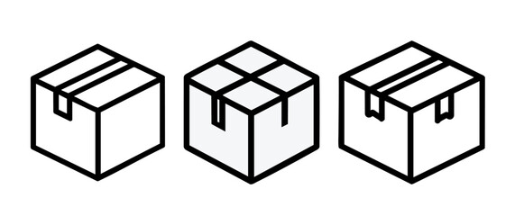 Fototapeta premium Three black and white line icons of closed cardboard boxes, each with different sealing tape styles
