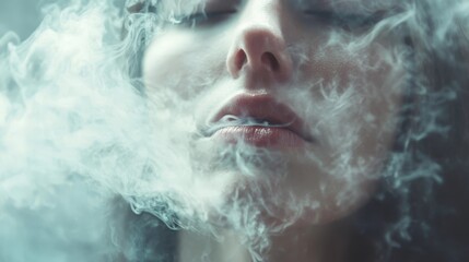 Fototapeta premium Close-up of a woman inhaling smoke in a misty atmosphere surrounded by a soft haze