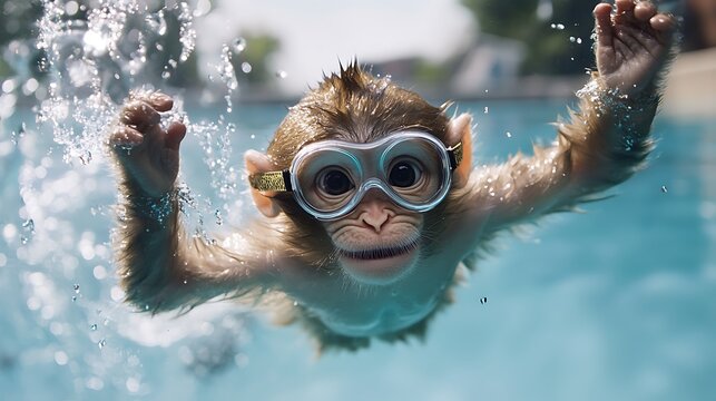 A stuffed monkey diving into a pool mid air splash freeze frame goggles on its face