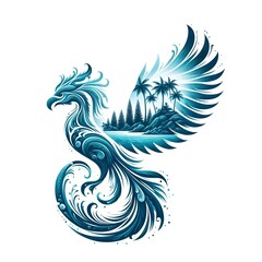 Obraz premium AI Generate of Mythical Phoenix Shape Art Silhouette with Natural Element such as Wind, Tree, Water, Animal, Wood, Sun, Moon, isolate in white.