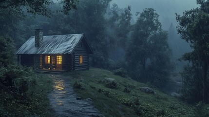 Cozy Cabin in Rainy Forest at Night Illuminated Windows Peaceful Scene