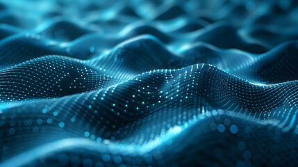Abstract representation of flowing waves with glowing particles, suggesting technology and data.