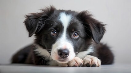 Fototapeta premium Border Collie Black Puppy Cuddling, puppy, black, puppy, black, snuggle,cute, breed, puppy care, play, playful, furry