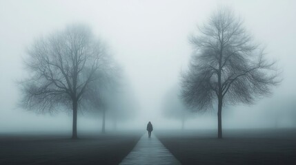 Solitary Figure Walking Path Misty Foggy Winter Trees Landscape