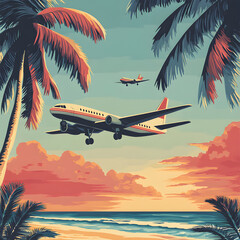 Twilight Descent: Airplanes Over Palm Trees at Sunset