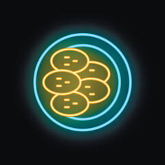 Neon sign showing a plate with six cookies or potatoes on a black background