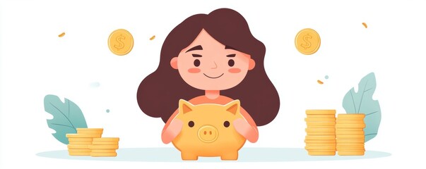 Young woman saving money monthly expenses putting coin in to piggy bank on the table