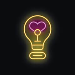 Bright neon lightbulb is glowing with a heart symbol inside, representing the love for ideas and creativity