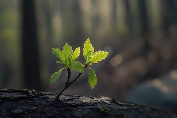 Bright green young shoots on a spruce branch against a smooth, blurred forest backdrop.