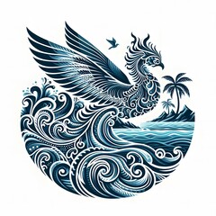 Fototapeta premium AI Generate of Mythical Phoenix Shape Art Silhouette with Natural Element such as Wind, Tree, Water, Animal, Wood, Sun, Moon, isolate in white.
