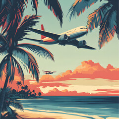 Sunset Skies: Vintage Aerial Voyage above Palm-Lined Paradise