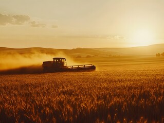 Fototapeta premium A farmer harvests ripe wheat in a golden field at sunset