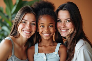 Fototapeta premium A Joyful Portrait of Three Diverse Women Showcasing Friendship and Unity at a Warm Indoor Setting with Lush Greenery in the Background