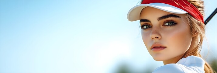 Attractive Young Woman Golfer Outdoors Sporting Visor Summer Day