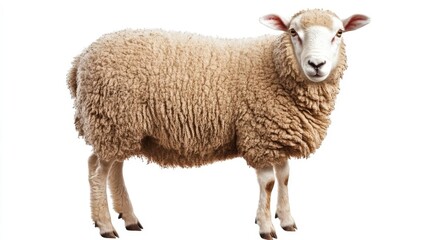 Fluffy sheep standing in a neutral setting showcasing its woolly coat and gentle expression in soft lighting conditions