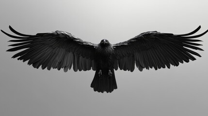 Majestic black bird soaring with outstretched wings against a light gray background