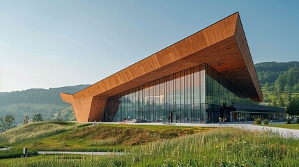 Fototapeta premium Modern Wooden Architecture Stunning Glass Wood Sports Center in Mountain Landscape