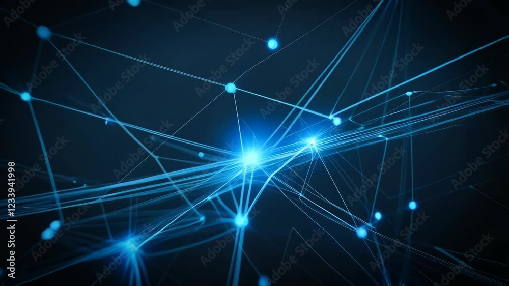 Poster a dynamic layout featuring a network of interconnected lines and nodes against a dark blue backgroun
