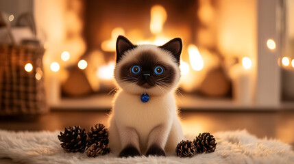 A stuffed Siamese cat with blue button eyes sitting by fireplace warm and inviting scene