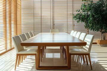 Obraz premium Modern boardroom with a wooden table, white chairs, and natural light streaming through blinds. concept of productivity and professional workspace.