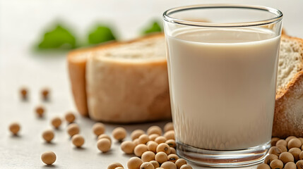 Soy milk glass, bread, soybeans; healthy breakfast