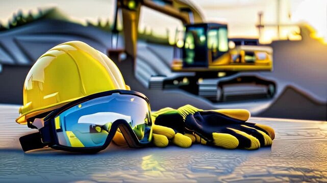 Construction safety equipment placed on a concrete surface - a bright yellow hard hat, reflective safety goggles and a pair of black and yellow work gloves
