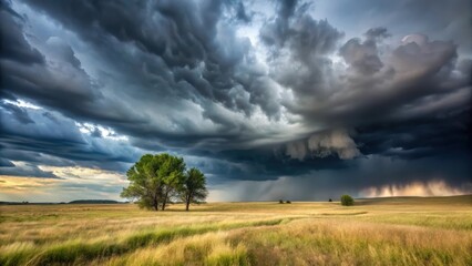 Dark grey storm clouds gather over vast open field with tall grass and few trees , nature, storm clouds,  nature