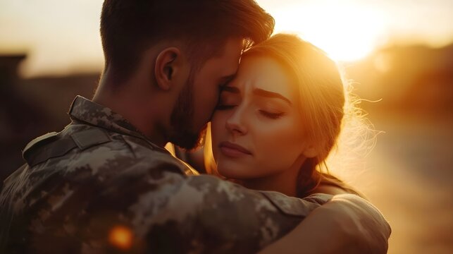 Tender Embrace Soldier and Woman s Golden Hour Reunion at Sunset