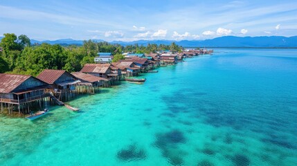 Tranquil Coastal Village with Wooden Houses on Water