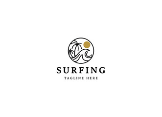 Surfing logo template. Vintage emblem with surfboards for surf club or t shirt print.