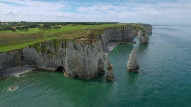 Aerial footage of Etretat cliffs in Normandy, France.