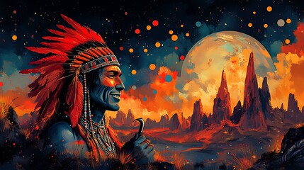 Native American, smoking pipe, alien landscape, sunset, fantasy art