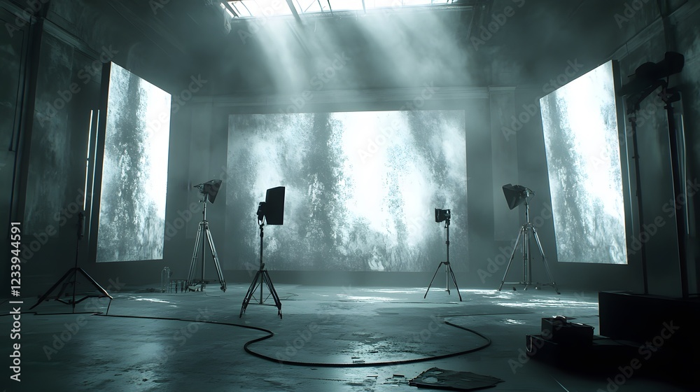Aufkleber a dimly lit studio with large screens displaying abstract visuals, illuminated by spotlights, creati