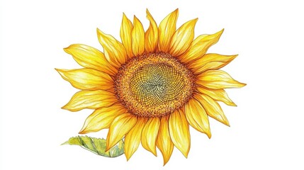 Fototapeta premium A yellow watercolor illustration of a blooming sunflower head on a white background.