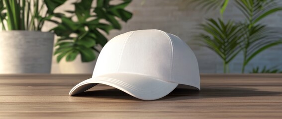 Simple white baseball cap mockup on wooden table with greenery in the background for design and branding presentations