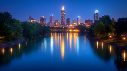 Naklejka premium A serene night view of a city skyline reflecting in a calm river, illuminated by city lights against a twilight backdrop
