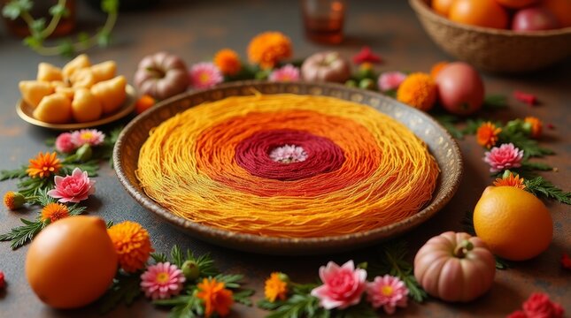 A beautifully arranged sacred thread (Janeu) on a decorative plate