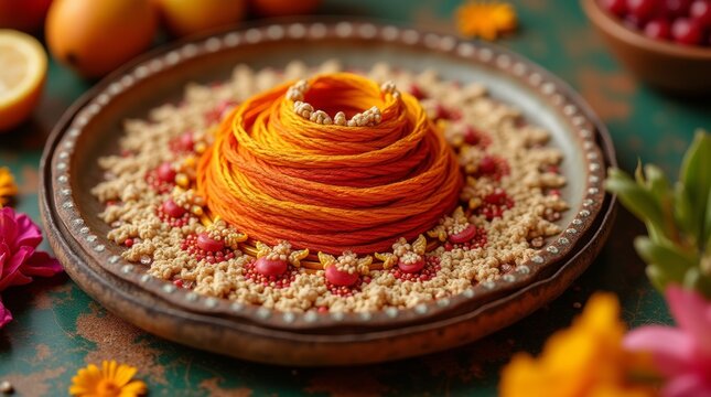 A beautifully arranged sacred thread (Janeu) on a decorative plate