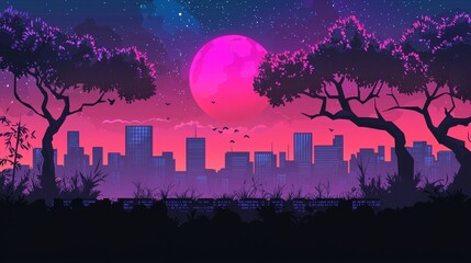 Fototapeta premium Pink Moon Cityscape Nighttime Silhouette Trees