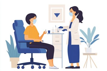 a doctor in a white coat and mask administers a test or vaccine to a patient, both are wearing masks in an office setting