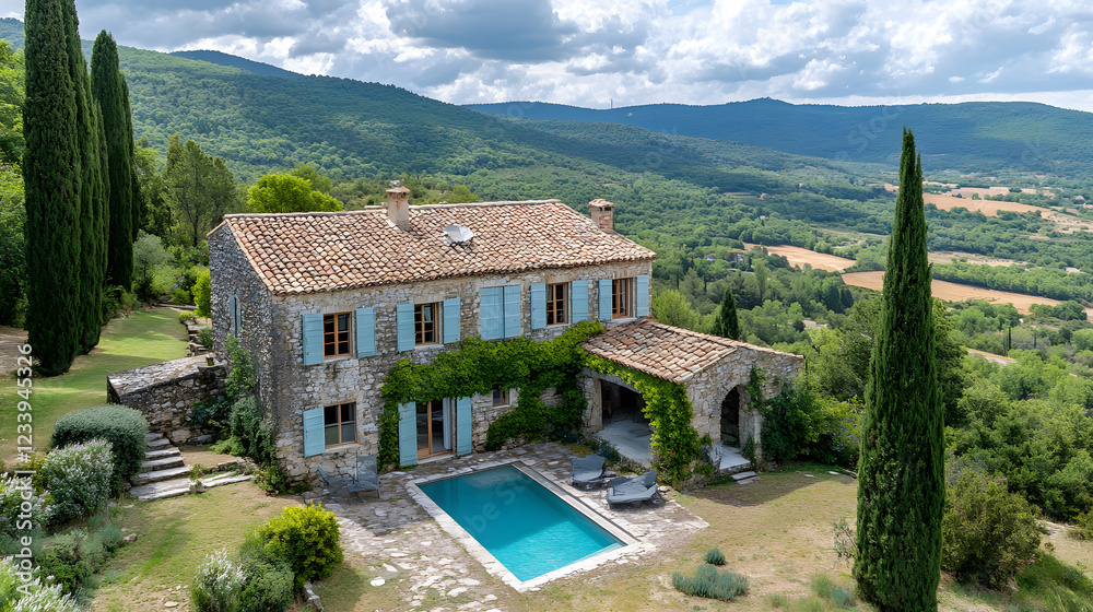 Poster a charming stone villa with a pool, surrounded by lush greenery and rolling hills, under a partly cl