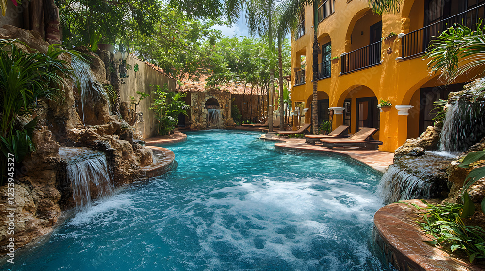 Poster a serene tropical pool with a waterfall, surrounded by lush greenery and vibrant architecture, invit