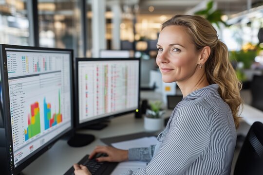 Businesswoman analyzing data on computer screens in an open office environment. Data analytics and professional workspace