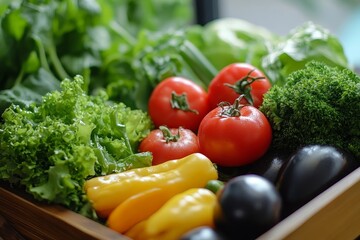 a selection of fresh, colorful vegetables arranged in a wooden basket. There are tomatoes, cucumbers, lettuce, broccoli, peppers, and eggplant, all bursting with vibrant hues