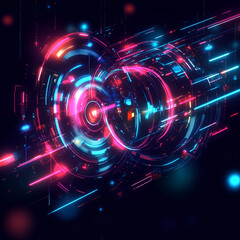 Obraz premium Cybernetic Symphony: A mesmerizing display of vibrant neon lights and digital lines creates a dynamic visual experience. Illustrating an abstract, futuristic concept.