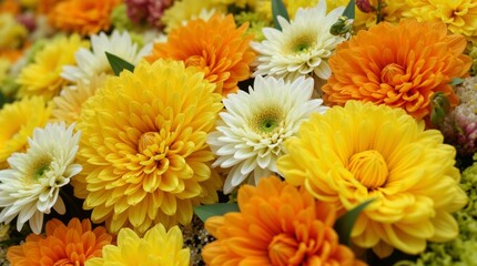 A close-up of saffron, white, and green flowers arranged in a traditional pattern for a festive celebration, highlighting their intricate details and vibrant colors.